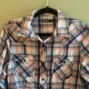 Western pearl snap shirt- cruel brand, women’s large